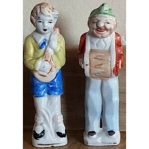 Vintage Figurine Pair With Instruments Japan Hand Painted 4.5" See Pictures